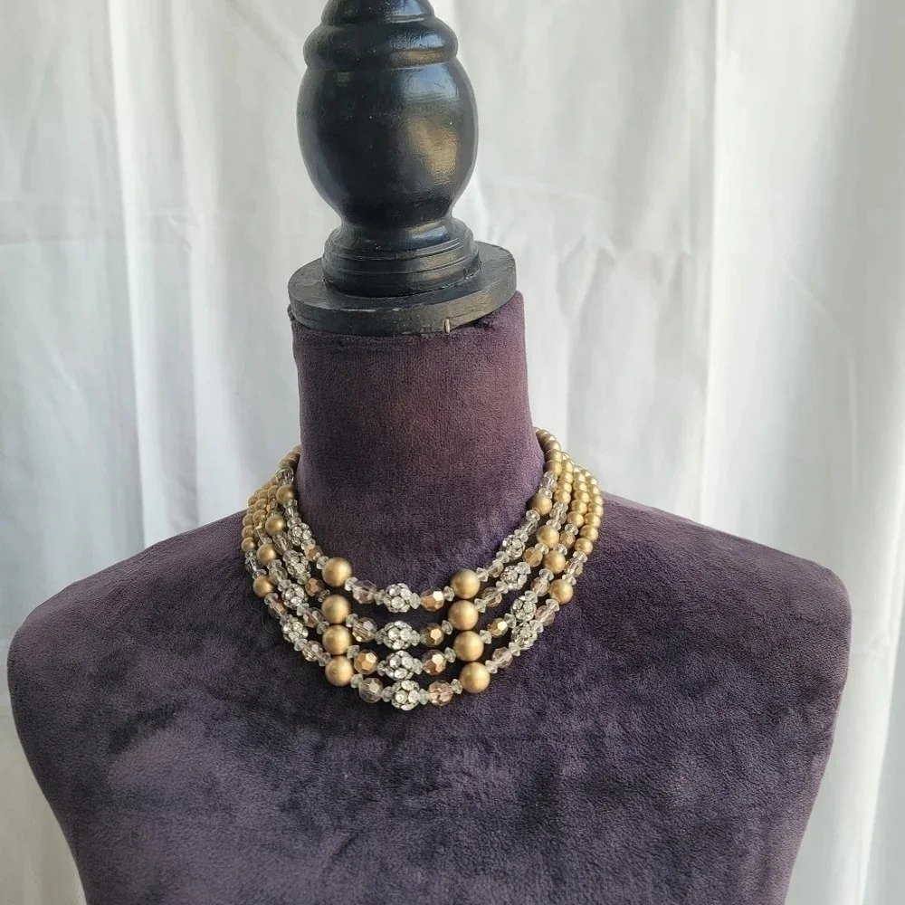 Vintage Gorgeous Beige Tan Gold Layered Bead Necklace 13" + 4" Rhinestones